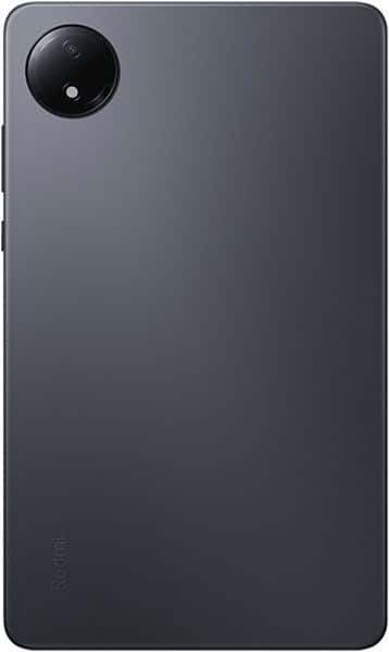 Close-up rear view of a dark gray tablet with diagonal stripes and faint logos; slight pixelation on image edges. Brand/model unclear.