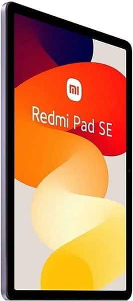 Redmi Pad SE tablet in angled front view, screen on with Redmi Pad SE logo and vibrant orange, yellow, and blue background.