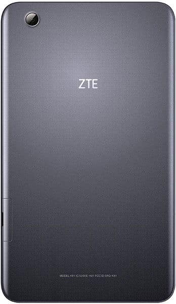 Rear view of dark gray ZTE tablet featuring a top left single camera, centered ZTE logo, and textured back cover.
