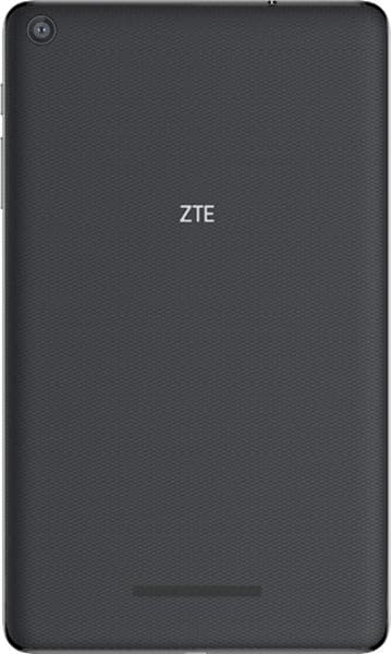 Rear view of a black ZTE tablet with top-left camera, centered ZTE logo, and bottom speaker grille.