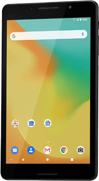 Front view of a black Samsung Galaxy Tab showing Android home screen; Google, Gmail, Calendar apps visible; battery fully charged.