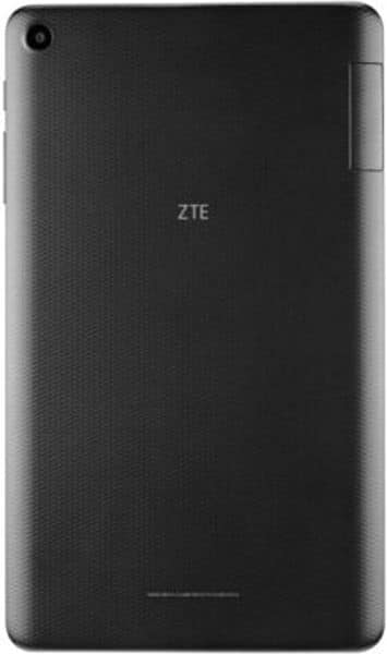 Rear view of black ZTE tablet showing top-left rear camera and centered ZTE logo on the back cover. Model unspecified.