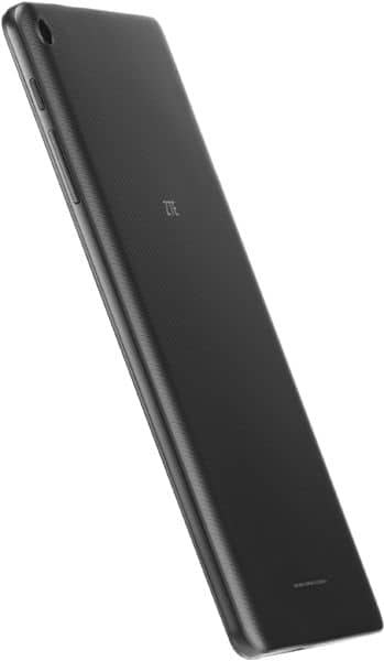 ZTE tablet rear side view showing textured back, centered ZTE logo, rear camera, and volume and power buttons.