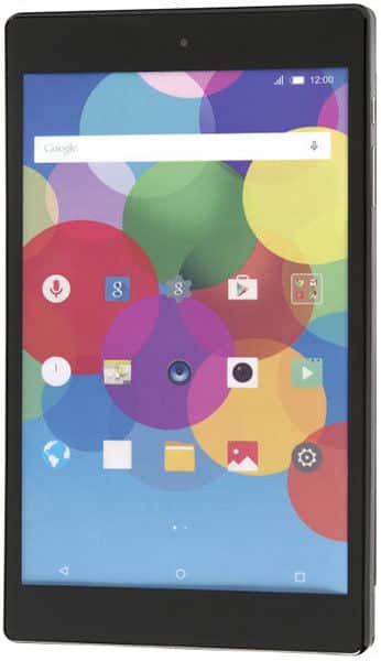 Front view of a black tablet displaying colorful circular wallpaper, app icons, 12:00 time, and front camera at top center.