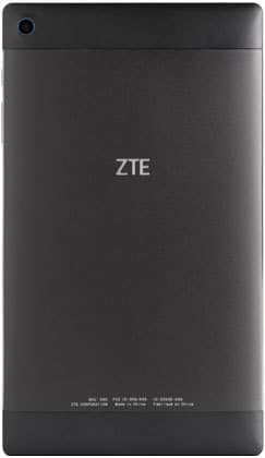 Rear view of black ZTE tablet with centered logo, top left camera, and technical details at the bottom.