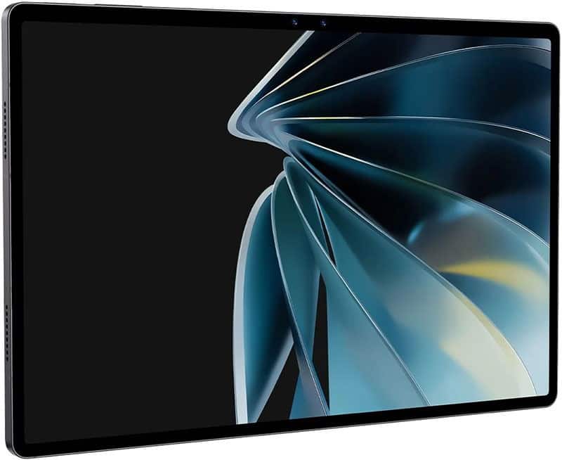 Black tablet with thin bezels, angled front view, displays abstract blue and gray design on screen against white background.