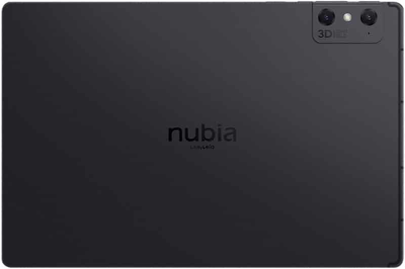 Rear view of black Nubia tablet with centered logo and dual cameras labeled "3D" in the top right corner.