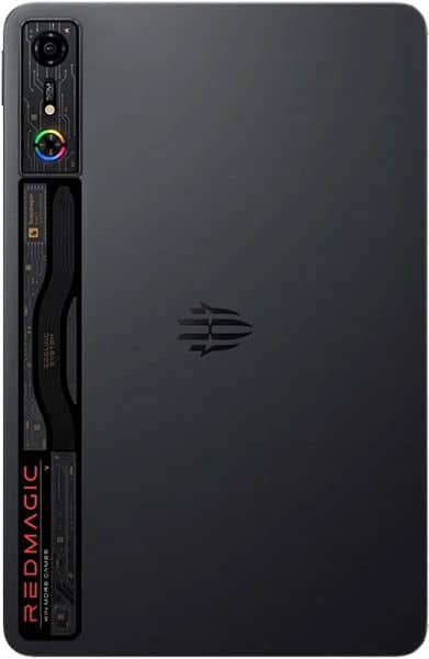 REDMAGIC tablet rear view, black finish, vertical side camera array, circuit-like design, trident logo centered, branding at bottom.