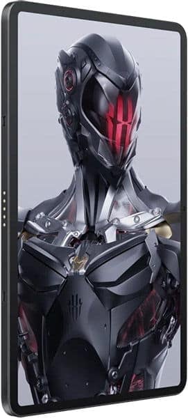 Front view of a Samsung Galaxy Tab shows a futuristic robot with black-silver body, red eyes, and red facial-chest accents.