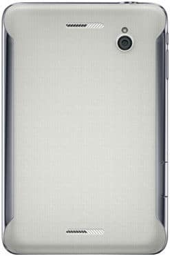 Rear view of silver and gray tablet with single rear camera, dual speaker grilles, textured back, and rounded corners. Brand/model unspecified.