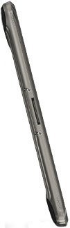 Side view of a slim, black or dark grey tablet showing thin profile with buttons and ports along the edge. Brand/model not visible.