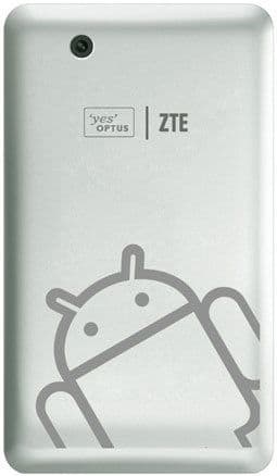Rear view of white ZTE Optus tablet showing yes Optus and ZTE logos, single rear camera, gray Android robot graphic.