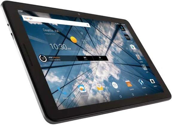 Angled front view of a black tablet with home screen apps, weather, 10:30 AM, and a sky background with clouds and cables.