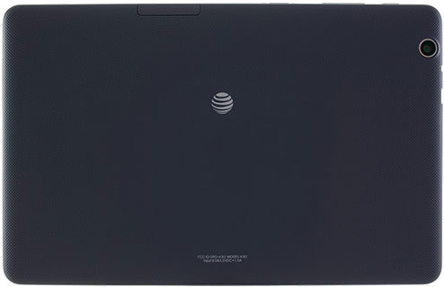 Rear view of black tablet with AT&T logo centered, camera at top right, and a dotted textured surface.