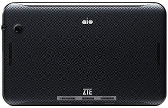 Rear view of ZTE tablet, textured black finish, camera top left, Aio logo top center, dual side speaker grilles.
