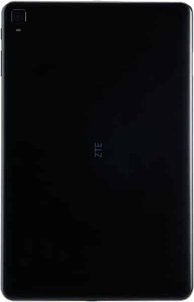 Rear view of a black ZTE tablet with single top-left camera and centered ZTE logo on the back panel.