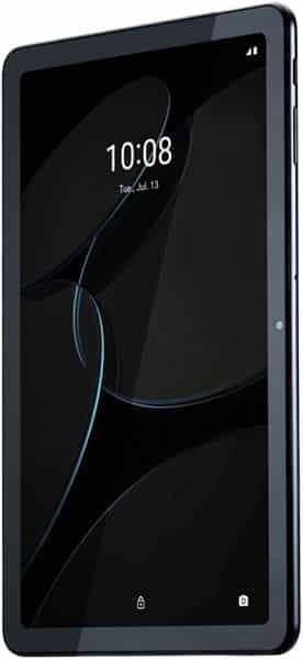 Black tablet, front angled view, dark screen shows 10:08 and Tuesday, July 13; white background.