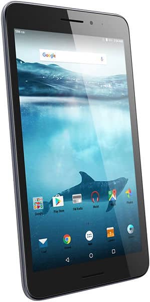 Black tablet front view angled slightly, home screen visible with app icons and shark wallpaper, on a white background.