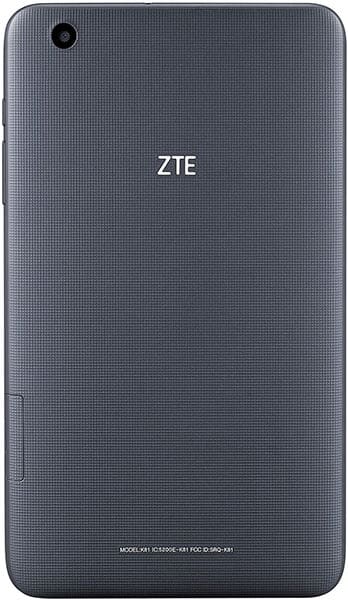 Rear view of black ZTE tablet with top-left camera, center ZTE logo, and textured finish with model info at the bottom.