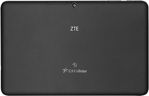 Rear view of black ZTE tablet showing rear camera, ZTE logo, 4G LTE badge, and U.S. Cellular branding.