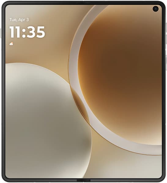 Motorola Razr Fold open, displaying lock screen with time 11:35 and abstract brown and beige curved design wallpaper