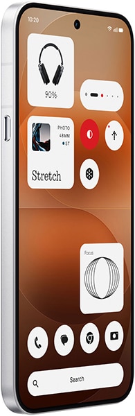 Nothing Phone (4a) Pro front view displaying home screen with widget layout including headphones, timer, stretch exercises, speaker, and search bar on tan and brown gradient background