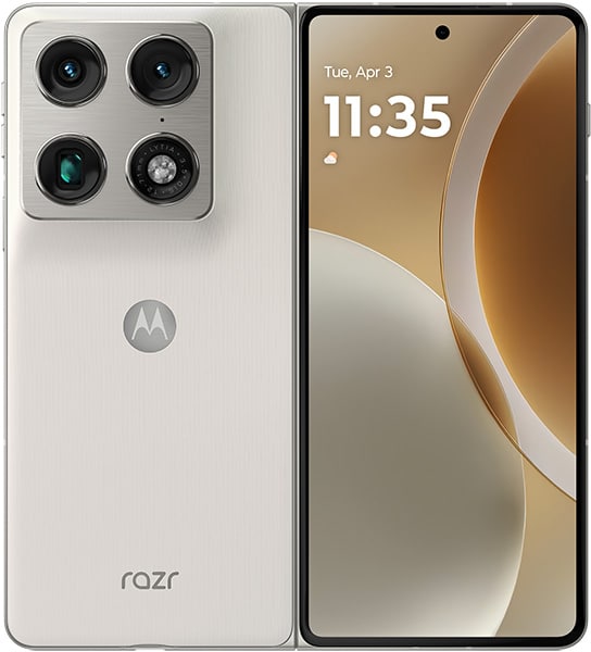 Motorola Razr Fold open, displaying white back with quad camera array and front screen showing time 11:35 with abstract tan and cream design