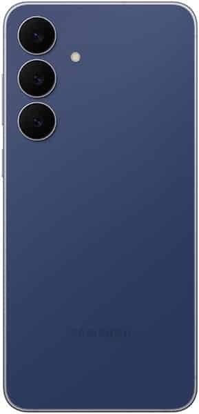 Samsung Galaxy S25 FE rear view, blue finish with triple camera setup and flash