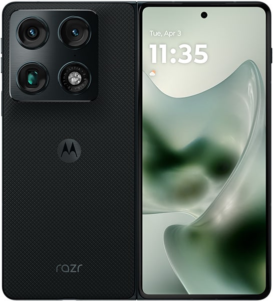 Motorola Razr Fold, rear view with folded screen on right, quad camera array on left back panel, black textured finish