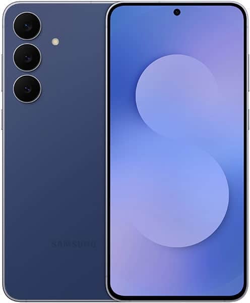 Samsung Galaxy S25 FE front and rear view, showing dark blue body with triple rear camera setup and blue gradient display