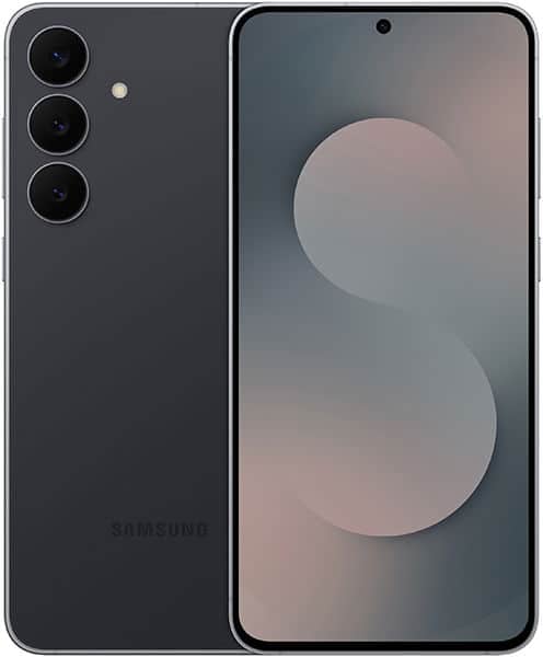 Samsung Galaxy S25 FE front and rear view showing dark gray phone with triple rear camera layout and display with centered punch-hole camera