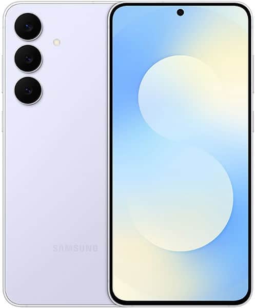 Samsung Galaxy S25 FE front and rear view, lavender finish with triple rear cameras and blue gradient display