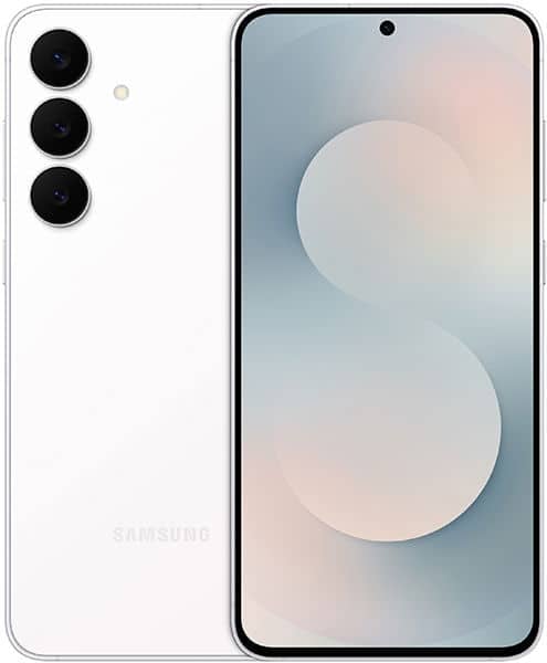 Samsung Galaxy S25 FE front view, white with triple rear camera setup and display showing gradient wallpaper