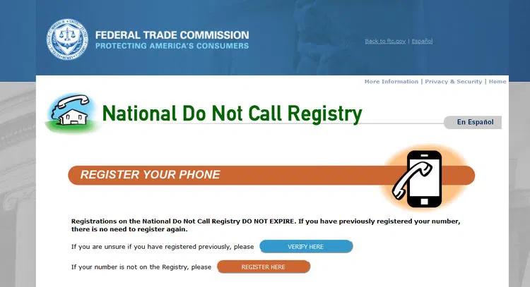 Front view screenshot of National Do Not Call Registry site showing verify/register phone number options with orange and blue buttons.