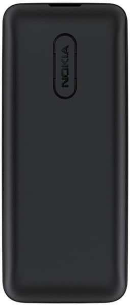 Rear view of black Nokia 105, rectangular with rounded edges, vertical Nokia logo near the top center.