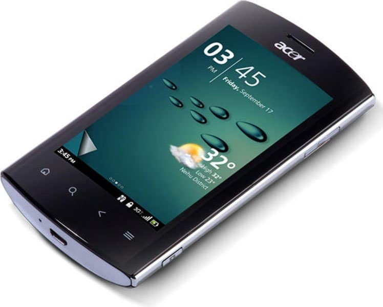 Acer Liquid MT smartphone, front view, displaying time 03:45 and weather on screen with physical buttons below