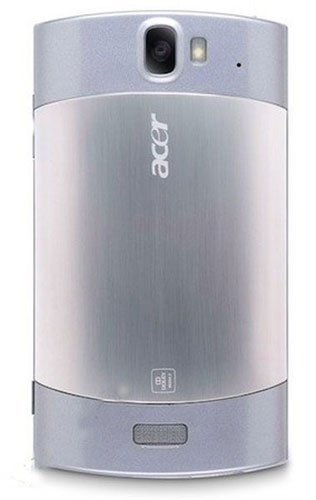 Acer Liquid MT rear view, showing brushed metal back panel with camera and flash positioned at top