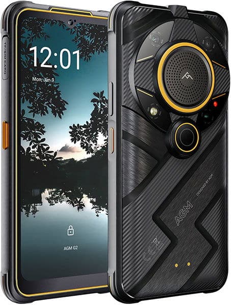 AGM G2 Guardian shown front and back; rear features a circular camera module, front displays 12:01 with nature wallpaper.