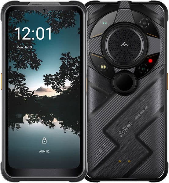 AGM G2 Guardian front view with lock screen at 12:01; rear shows textured finish, multiple cameras, and AGM logo.