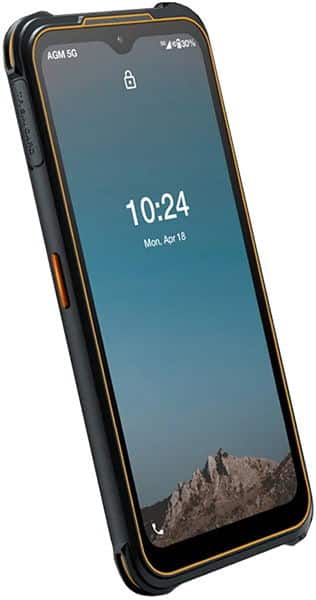 AGM Glory G1S rugged phone shown from front angle with locked screen displaying 10:24 time and mountain landscape wallpaper