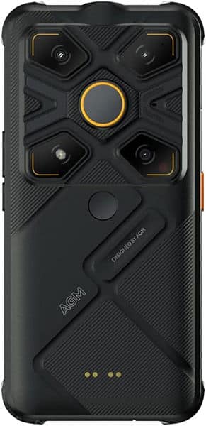 AGM Glory G1S rugged smartphone rear view, showing quad camera array with gold accents and central gold ring, black textured design