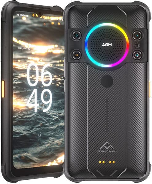 Front and rear views of AGM H5 Pro showing water wallpaper, 06:49 display, four rear cameras, LED ring speaker, textured case.