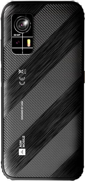 AGM H6 rugged smartphone, rear view, showing 50MP camera, carbon fiber textured back, and durability certifications
