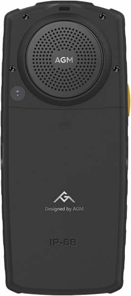AGM M7 rugged phone, front view, showing speaker grille and "Designed by AGM" branding on black body