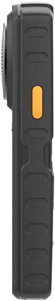 AGM M7 rugged phone, side view, showing black body with orange accent button