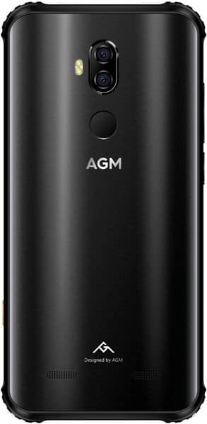AGM X3 smartphone rear view, black with dual camera and fingerprint sensor