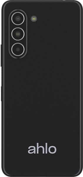 Rear view of black ahlo 1 smartphone with three vertical cameras, flash, and "ahlo" branding near the bottom.