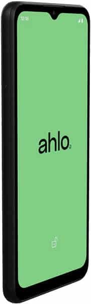 Black smartphone shown at an angled front view; screen displays "ahlo 1" on green with unlocked padlock icon near the bottom.