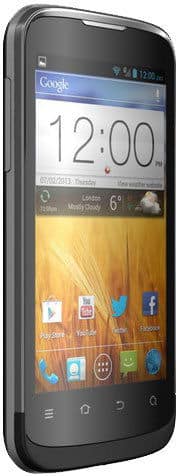 ZTE Blade III front view, showing home screen with clock widget and app icons on display