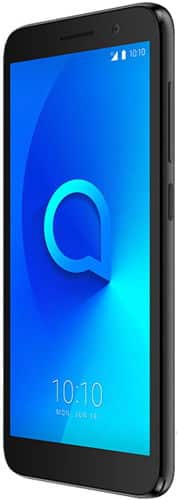 Alcatel 1 smartphone, front view, displaying blue home screen with "Q" logo and time 10:10